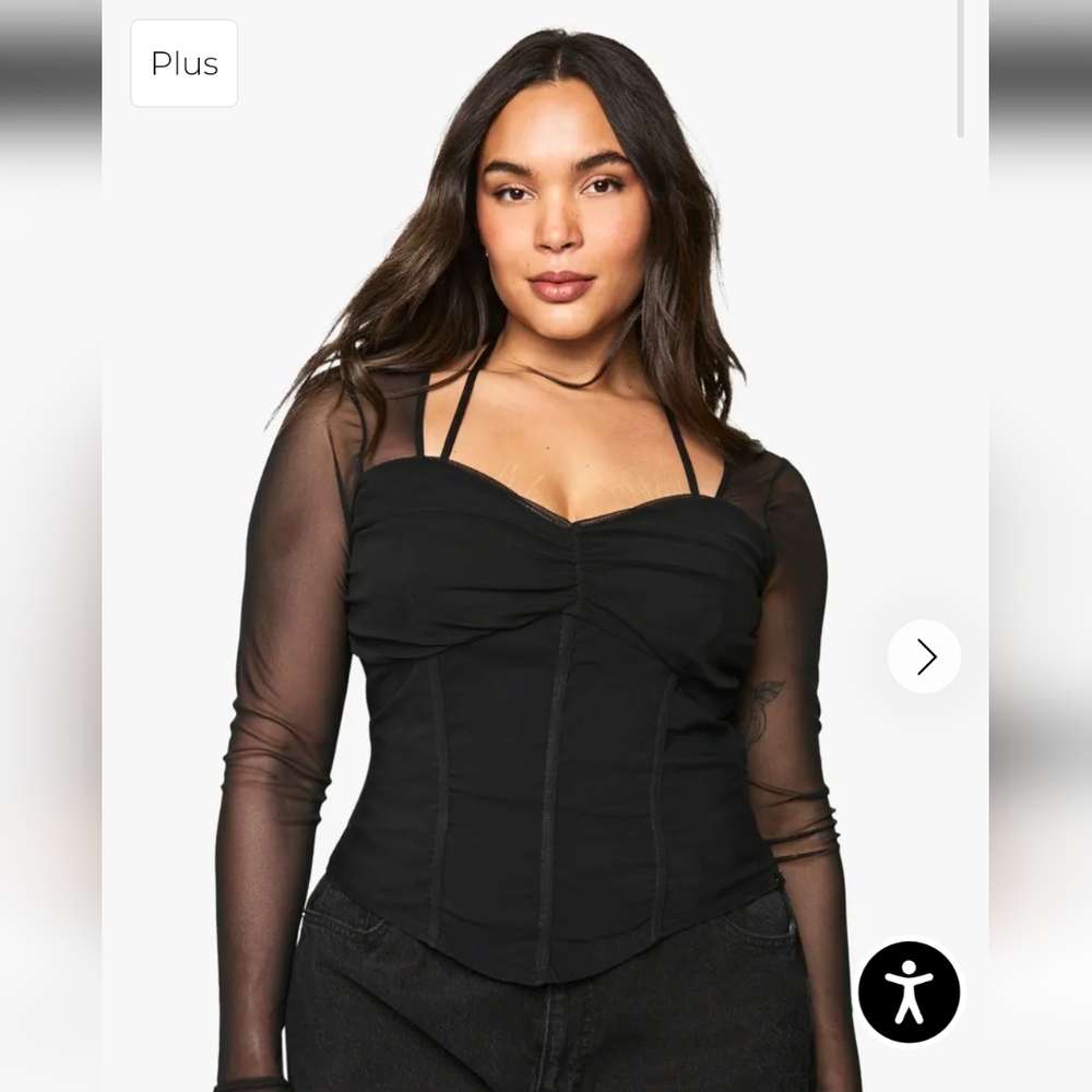 NWT Boohoo Plus Plus Bengaline Mesh Sleeve Corset Top, Size 22